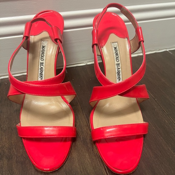 Manolo Blahnik Neon Pink Strappy Heels - Picture 1 of 9